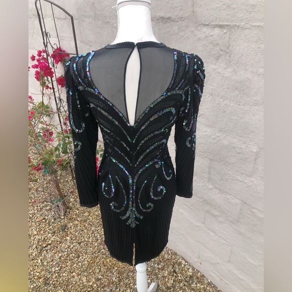 Formalblack mesh sequin beaded silk mini dress with long sleeve holiday sparkle - Picture 6 of 16